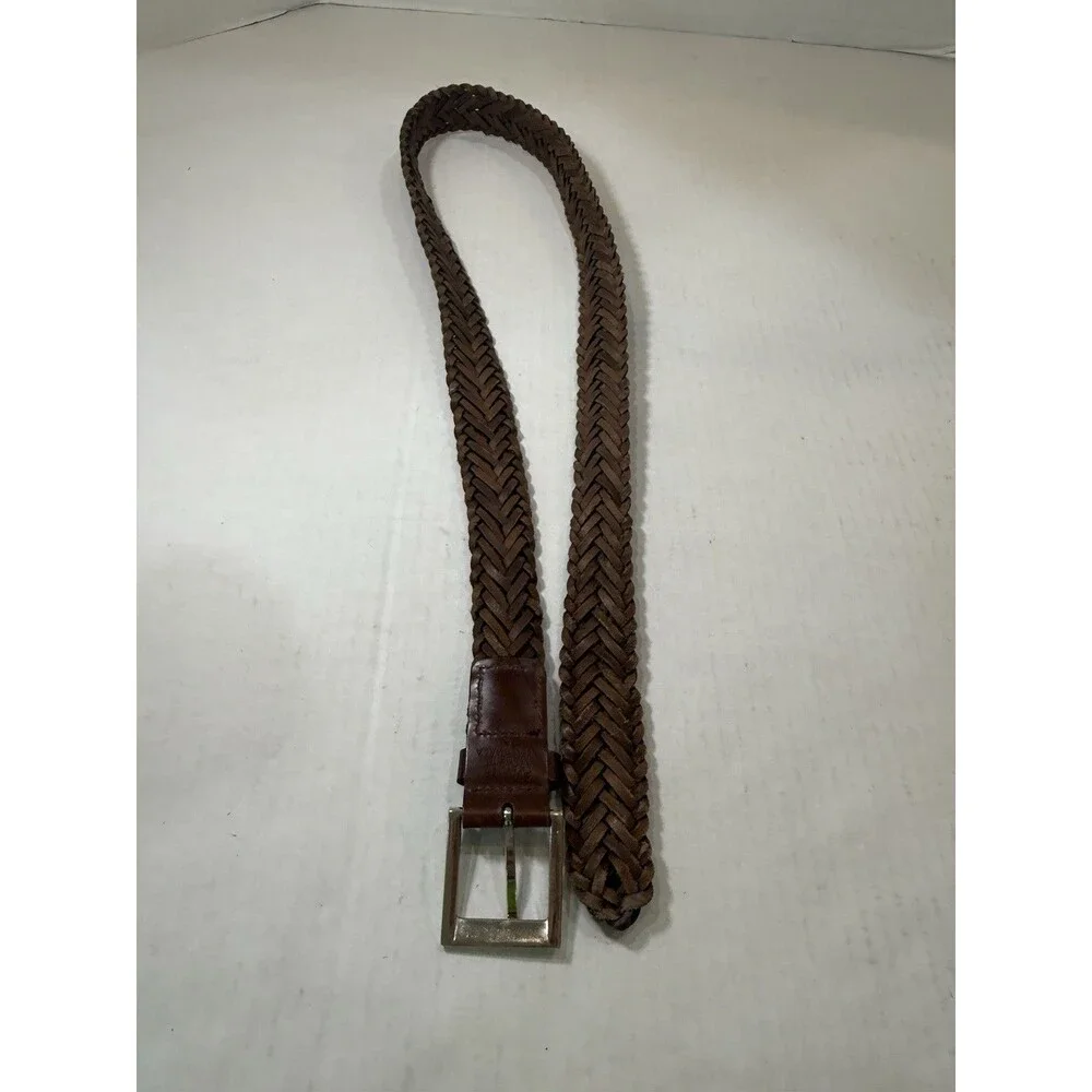 Braided Woven Leather Belt Nickel Tone‎ Brown Buckle Size L